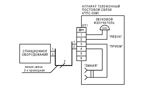 Схема подключения телефона АТПС-05М1 к 2-х проводной линии связи