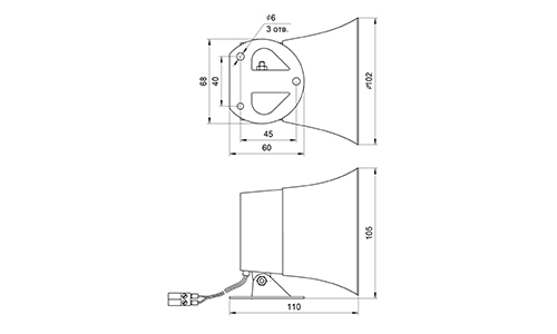 ОБЩИЙ ВИД, ГАБАРИТНЫЕ И УСТАНОВОЧНЫЕ РАЗМЕРЫ ЗВУКОВОГО ИЗЛУЧАТЕЛЯ